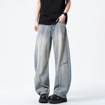 Riolio Mens Loose Fit Patchwork Wide Leg Washed Jeans Vintage Denim Pants Casual Streetwear Comfort Trendy Baggy Trousers Hip Hop